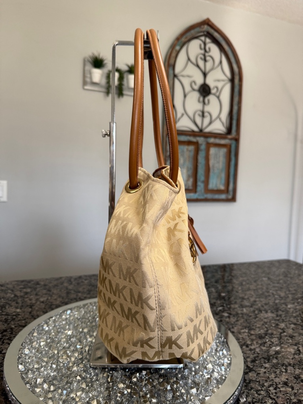 Michael Kors Beige MK Monogram Round handle Tote EUC - Picture 7 of 16